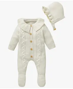 Cable Knit Romper With Delicate Collar Set in Ivory