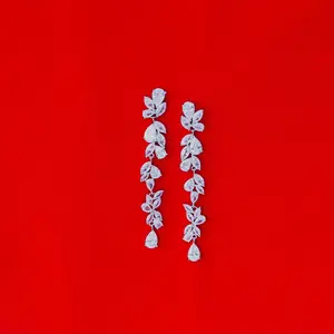 Bridal Wedding Accessory, Cubic Zirconia Earring, CZ Leaf Earring, Drop Dangle Jewelry, Bride CZ Earring, Stud Bride Earring, Long Dangle