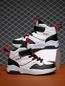 Teen High-Top Sports Shoes for Boys, PU Leather Fashion Running & Training Casual Shoes, Anti-Slip Sole, Velcro Closure, Patchwork Style, Athletic Shoes, Hoop Shoes