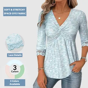 Flamingals Space Dye Twist Front Contrast Lace Three Quarter Sleeve V Neck T-Shirt