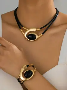 Exaggerated Retro Spiral Double-Layer Wax Rope Necklace Bracelet Set, Unique Fashion Accessory, Perfect for Stylish