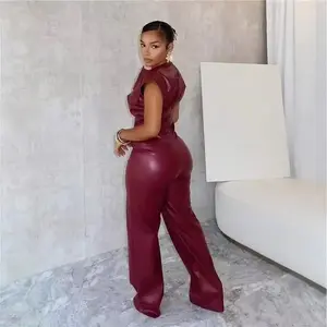 New PU Women's Trousers Sleeveless Leather Jumpsuits Fabric Polyester Womenswear Overalls Style Basic