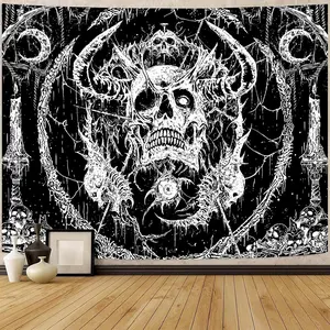 Skull Tapestry, Gothic Horror Moon Skeleton Mystic Dark Tapestries for Bedroom Grunge Wall Hanging Black and White