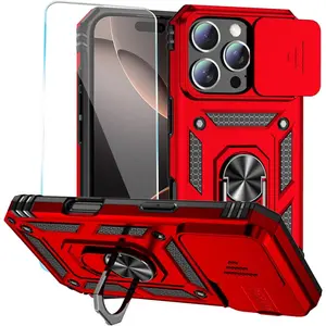 for iPhone 16 Pro Max Case with HD Screen Protector & Slide Camera Cover & Rotated Ring Kickstand, [Military-Grade] Phone Case for iPhone 16 Pro Max 6.9",Red