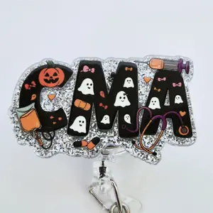 CMA Certified Medical Assistant Spooky Design with Ghosts and Pumpkins Glitter Acrylic Badge ID Reel Belt or Alligator Clip