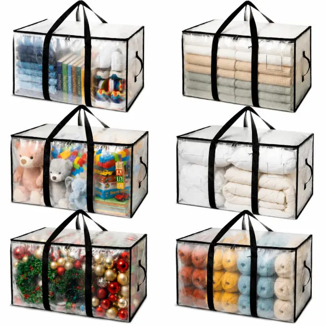 Extra Large Clear Moving Storage Bag Heavy Duty Zipper Organizer Tote with Reinforced Handles, Water Resistant Foldable Clothes Bedding Blanket Container for Moving, College Dorm, Closet Organization, Camping & Home Storage Solution