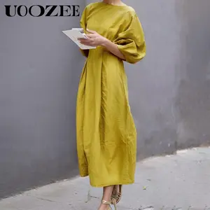 UOOZEE Women's Linen Viscose Casual Dress - Solid Color, Round Neck, Half Sleeve, Loose Long Skirt, Pull-On, Elegance, Breathable Fabric, Functional Pockets, Comfortable for Daily Commuting (Note: Sizes run large; order 1 size smaller) Yellow