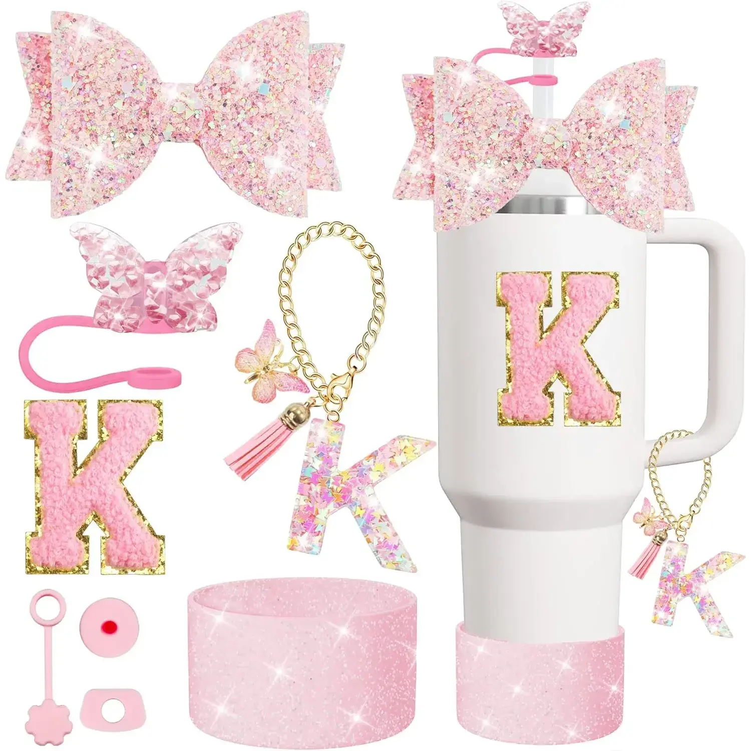 Attractive 8-Piece Butterfly Kit Tumbler Accessories Set - Silicone Boot, Spill-Proof Stoppers, Customizable Cup Pendant, Embroidered Letter Sticker for 30/40oz Handled Tumblers (Pink), 30/40Oz Tumbler, Fashionable Design