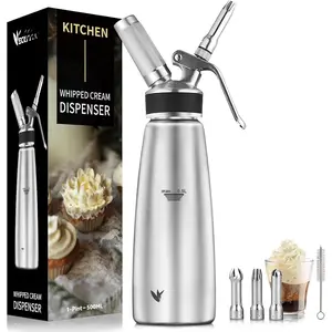 Professional Stainless Steel Cream Whipper, 500ml - For  Whipped Cream, Dessert Mousses,  & More - Easy to Use & Clean (Stainless Steel 0.5L)