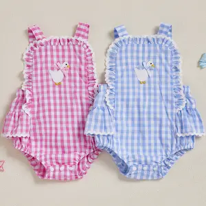Newborn Baby Boy Girl Romper Farm Outfit Goose Embroidery Bow Sleeveless Onesie Plaid Jumpsuit Overalls Summer Clothes