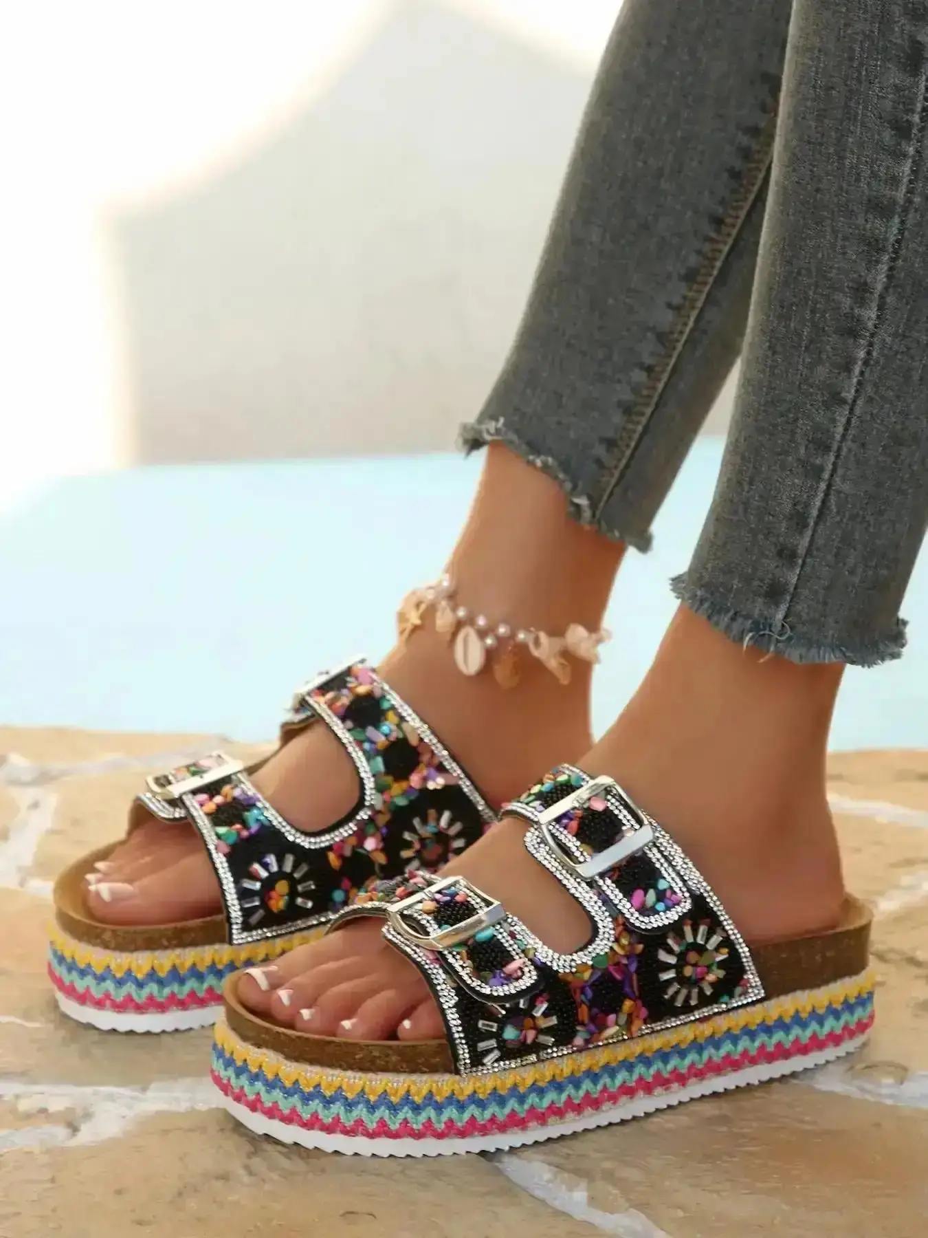 Women's Boho Beaded Thick Sole Sandals Adjustable Buckle Flip Flops for Summer Music Festivals Beach Daily Wear Y2K Rainbow Sequins flat sandal sunny open toe tropical warm weather travel shoes versatile practical