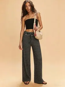Women's Striped Wide Leg Pants With Tube Top Sleeveless, Y2K Casual Fashion Two Piece Set, Daily Wear, Casual Fitted Set, Everyday