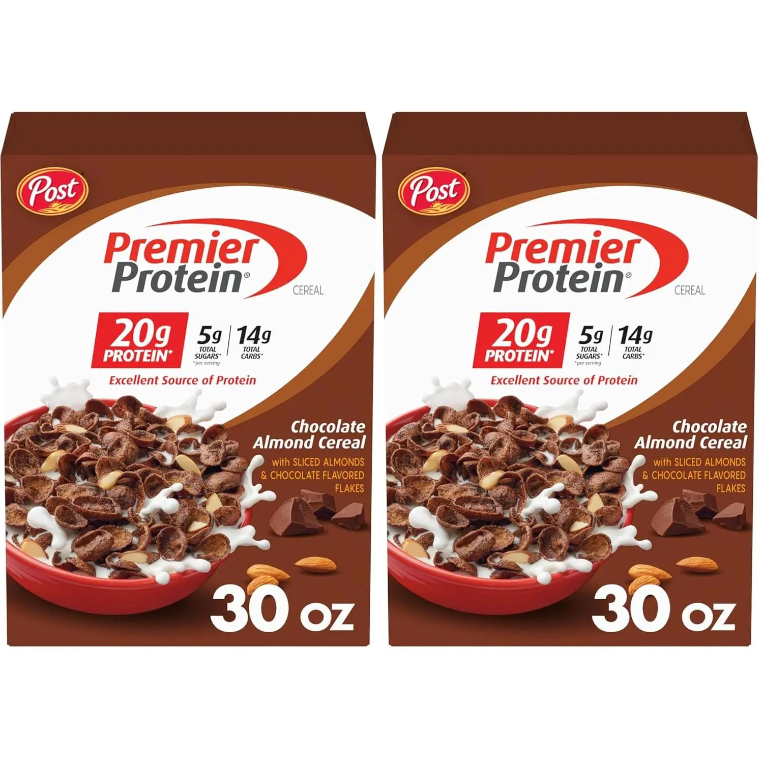 Premier Protein Chocolate Almond Cereal, Chocolatey Protein Breakfast Cereal Flakes with Sliced Almonds, Contains 20g of Protein Per Serving, 9 oz Box