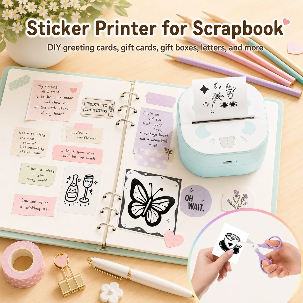 Bluetooth Portable Sticker Label Maker Sticker Printer, PrintPods Mini Printer with 3 Rolls Paper, Print Pod Inkless Thermal Printer for iPhone, Impresora Portátil for Notes, Journal, DIY, Kids Gift