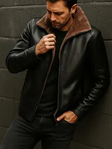 Men's Fall Winter PU Leather Jacket, Zippered Jacket, Casual Coats, Menswear, Classic Design Vintage American Retro Style, Thickened Fleece Lining, Plain Pattern, Fitted Fit