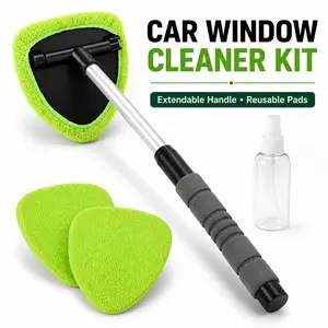 5PCS Car Windshield Cleaner Kit with Extendable Handle, Interior Auto Glass Cleaning Tool with 3 Reusable Microfiber Pads & Spray Bottle for Cars, SUVs, Trucks, Front & Rear Windows