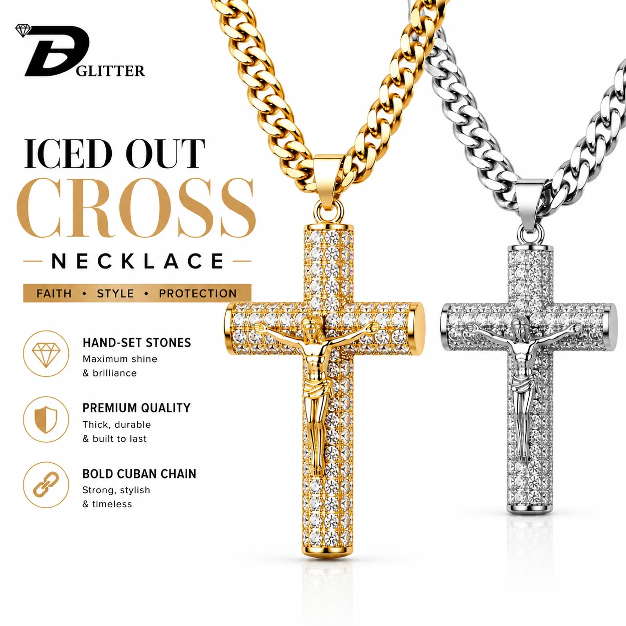 14K men's jewelry,Advanced Nanotech Tarnish-Free Cuban Figaro Rope Miami Chains with Jesus Crucifix Pendant,24"Long, Christian Religious Jewelry Gift cross necklace