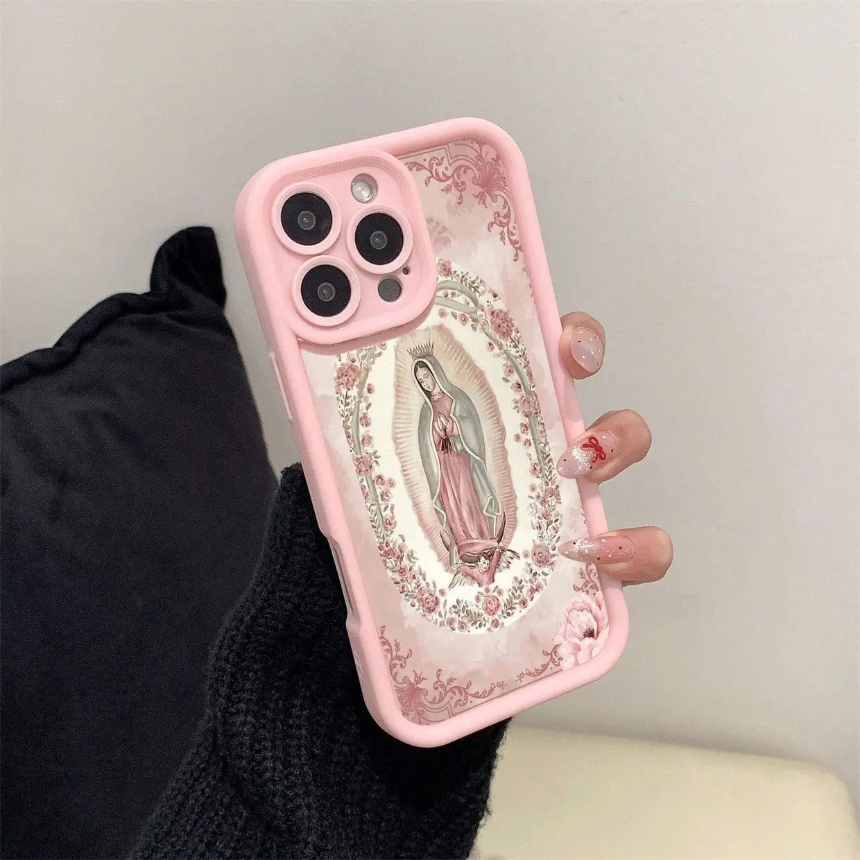 Unisex Pink Bamboo Virgin Mary Pattern Custom TPU Smartphone Case - High-Quality, Non-Slip, Shockproof Phone Accessory with Embedded Module, Cover for iPhone 17/16 Pro Max/16/15 Pro/14 Plus/13/13 Mini/12 Pro/12 Mini/11 Pro Max/X/XS Max