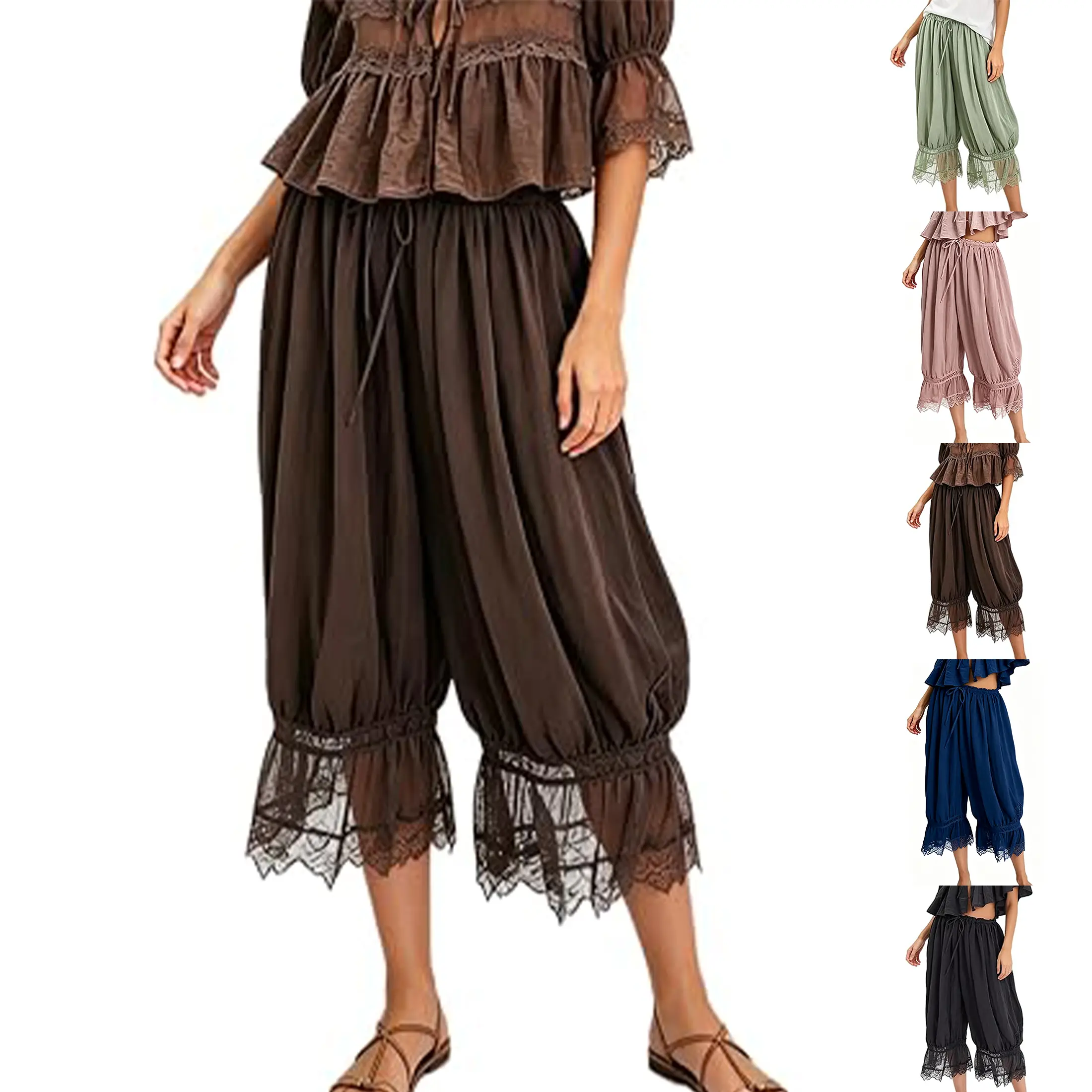 Wandal Women Vintage Lace Ruffle Cropped Bloomers Elastic Mid Rise Loose Pantaloons Boho Crinkled Slip Lounge Pants For Cottagecore Festival Daily Layering Sleep OOTD