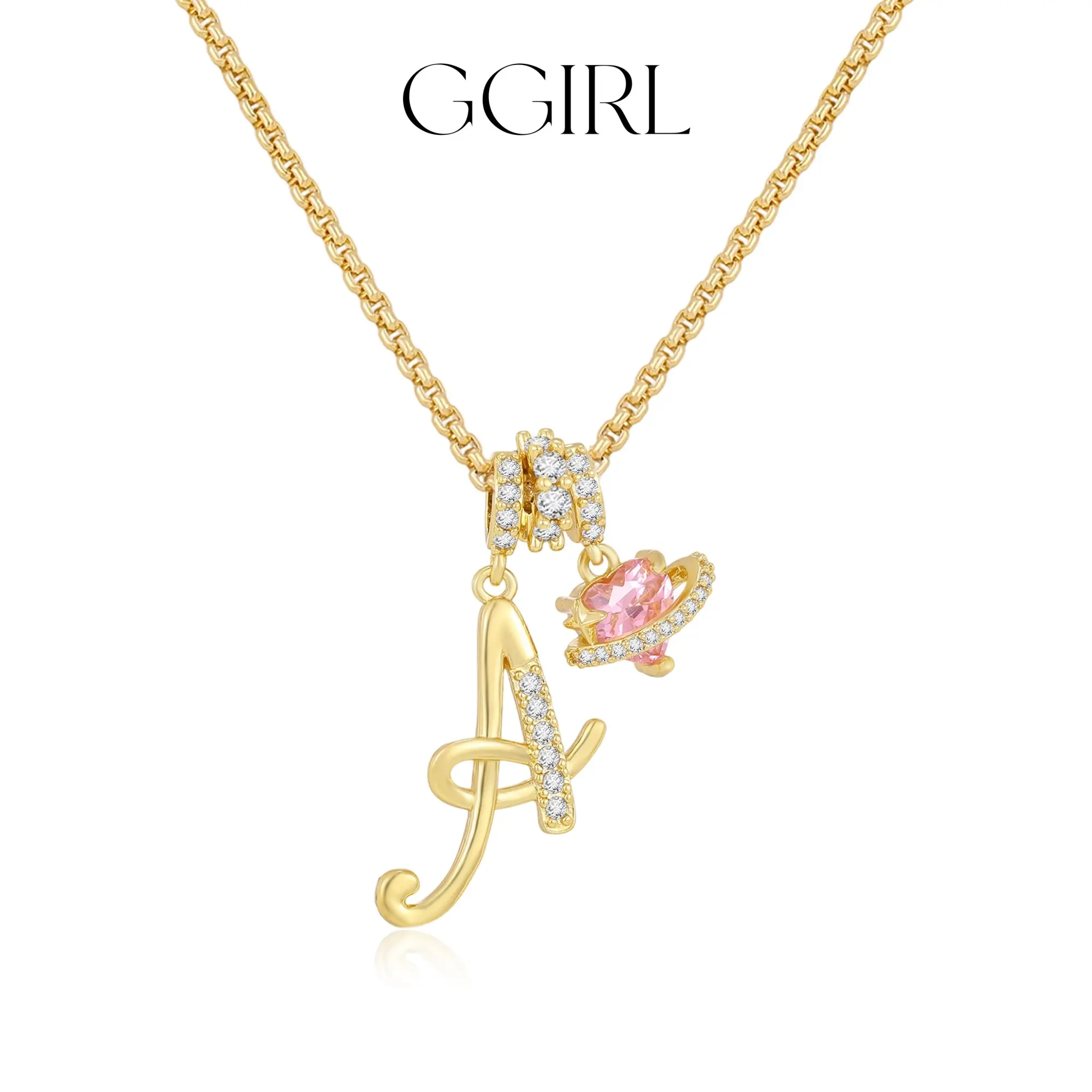 GGIRL Initial Heart Necklace for Women Pink Cubic Zirconia Pendant Letter Diamond 18K Gold Plated Unique Design Fashion All-Match Jewelry Gifts for Daily Summer Beach Parties Holiday Birthdays Anniversaries Summerwins Various Festivals Occasions, Gf Gift,