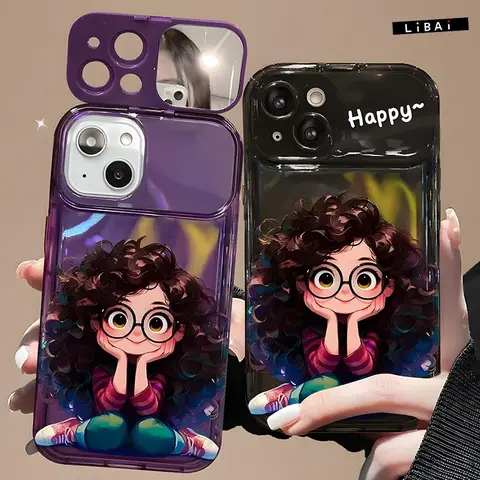 Curly-Haired Cute-Eyed Girl Design Smartphone Casing for iPhone 17/16/15/14/13/12/11 Pro Max Plus - Handheld Girl Pendant, Built-In Flip Stand & Mirror, Shockproof Soft Silicone Protection for Devices 995