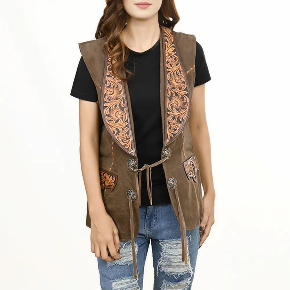 American Darling Genuine Vintage leather Hand tooled carved Women Blazer dress jacket ladies Girl