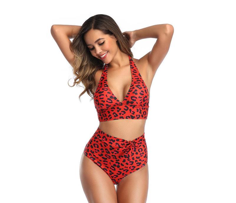 Bikini Ladies Sexy Large Size Leopard Print Split High Waist Halter Swimsuit AliExpress Cross-border