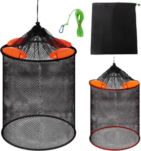 2 count Foldable Floating Fish Basket Fishing Basket Live Caught Fish for Kayak Fishing Accessories with Storage Bag Rubber Coated Netting and Nylon Netting Satisfy  Your Needs with Two Sizes