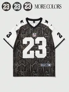 Unisex design, summer sport leopard print drop-shoulder short-sleeved top, Gym workout shirt, Gym performance top, with numerical prints like 23 and BOSTON, athletic, urban, trendy, street-inspired style, casual, comfortable