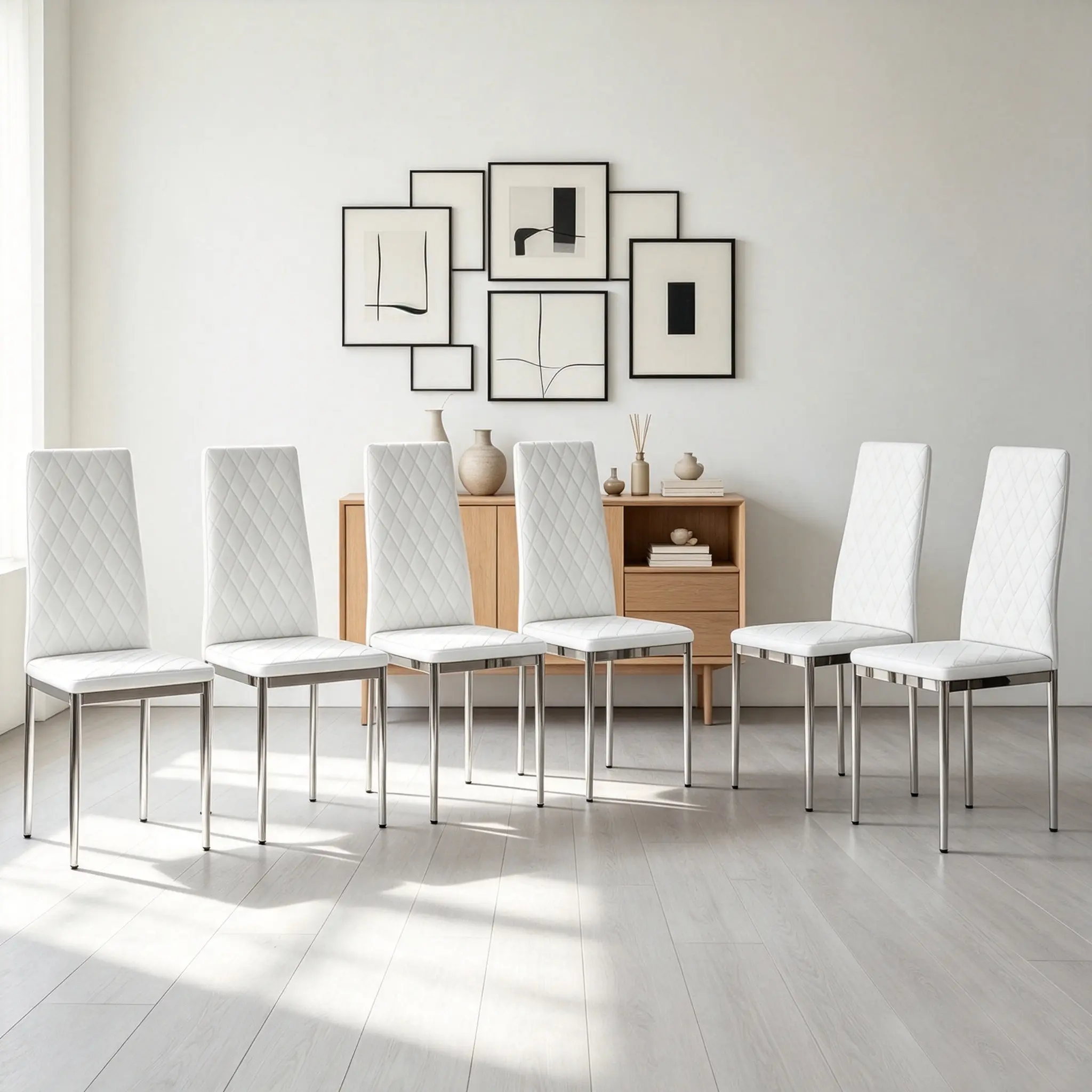 Modern Set of 6 Dining Chairs, Diamond Tufted PU Leather Comfortable High Back with Chrome Legs, Upholstered Side Chairs for Kitchen Living Room, White