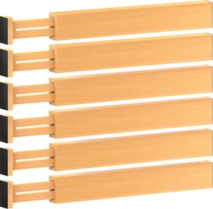 6 Pack Adjustable Natural Bamboo Drawer Dividers - 11"- 17" | 6” High Expandable & Stackable Wooden Organizer for Kitchen Utensils, Clothing & Office Drawers