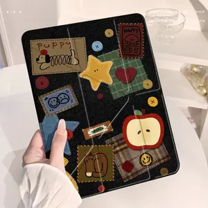 Denim Patchwork Foldable iPad Case With Pencil Holder Slim Shockproof Hard Acrylic Back Cover Auto Sleep Wake Compatible with iPad 10/9/8/7, Air 2/3/4/5/6/7, Pro 9.7/10.5/11/12.9 Inch