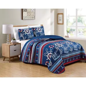 Kids Zone Home Linen Bedspread Set Navy Blue Red White Ships Rope Anchor Stripes New (Full/Queen)