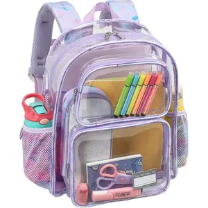 F-CPB38 Clear Backpack for Girls - 15 Inch Clear Bookbag for Kids Aged 3 to 8 Heavy Duty Transparent Backpack for School, Cute See Through Bag with Reflective Strip, Purple Tie-dye