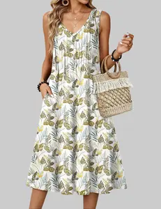 Zeagoo Live Women Summer Casual Dress 2025 Sleeveless Midi Swing Tank Sundress with Pockets V Neck A Line Pleated Tshirt Dress