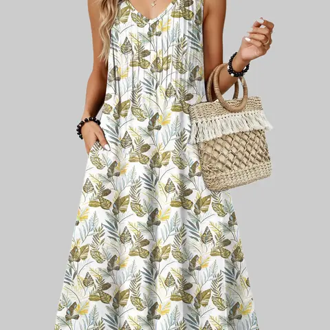 ZEAGOO Women's Floral Pleated A-Line Midi Sundress - Casual Tropical Sleeveless V-Neck Boho Tunic with Pockets, Breathable Beach Cover Up for Everyday & Church Wear, Boho Clothes