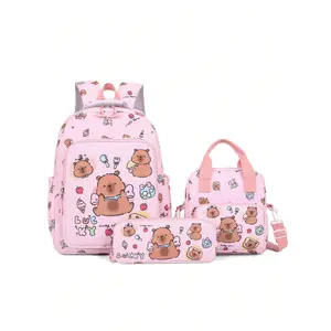 3pcs Cartoon Capybara Cute Large Capacity Travel Backpack Set for Girls 14-16 School Graduation Pink Polyamide Adjustable Strap Funny Bag