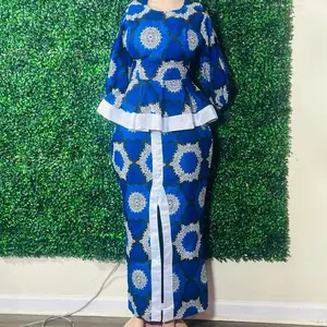 Ankara Dress - Blue and White Floral Design, Long Sleeve, Round Neck, Casual Style, Summer Wear
