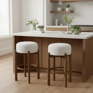 Set of 2 Round Upholstered Bar Stools, 19.5*19.5*30 Inch Dark Walnut Rubberwood Frame Bar Stool, Ivory Fabric Foam Cushion with Footrest, Scratch Resistant Stable Counter Height Stools Easy Maintenance for Home Bar Kitchen