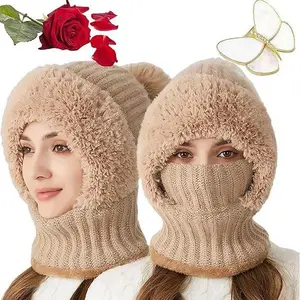 Women's Knitted Hat in Autumn and Winter, 3 in 1 Cold Resistant Hat, Wind-Resistant Scarf Hat Face Mask Hooded Scarf