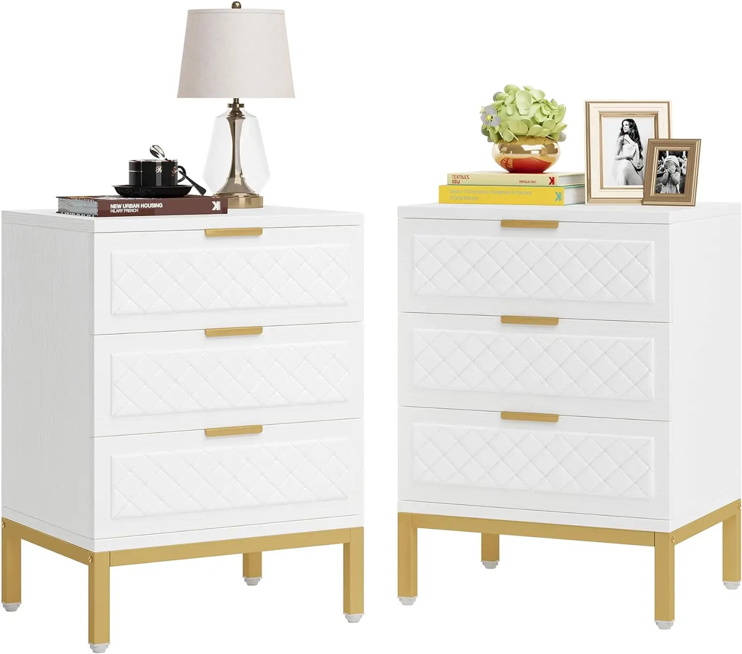 Tribesigns 3-Drawer Nightstand Set of 2, Modern Bedside Table with Storage Drawers and Golden Legs, Gold and White Nightstand for Bedroom, Guest Room,
