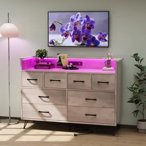 Modern 8-Drawer Dresser with Charging Station & RGB Lights | Wide Bedroom Dresser Chest with 3 Outlets + 2 USB Ports, App-Controlled LED Lighting for Gaming Setup & Makeup Vanity, Antique Oak