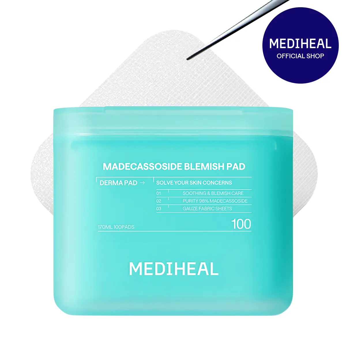 [MEDIHEAL] Madecassoside Blemish Pad (100pc) | 98% Pure Madecassoside | Dark Spot & Blemish Clearing | 239% Hydration Boost | Gauze Fabric | Korean Skincare