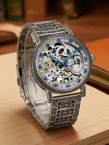 Men's Vintage Engraving Design Mechanical Watch, Fashion Skeleton Automatic Watch for Party, Daily Decor, Trendy All-match & Exquisite Watch for Birthday Gift with Box, Round Dial Watches, Analog Watches, Rhinestone Wristwatch, Rhinestone Decorated Watch