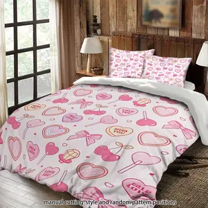 Pink heart, cherry, and bow pattern 3-piece comforter set, bedding set, suitable as a gift.