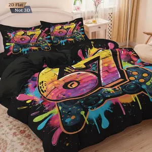 3pcs Six Seven & Game Controller Pattern Duvet Cover Set, Bedroom Bedding Set, Includes 1 Duvet Cover & 2 Pillowcases, Excludes Duvet Insert and Pillow Inserts, Soft Comfortable Fabric, Suitable for Bedrooms, Gift for Gamers