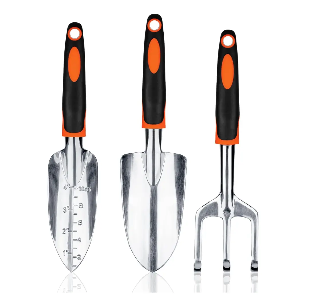 Bamworld 3 Pack Heavy Duty Garden Tools Set, Aluminum Alloy Gardening Kit with Ergonomic Grip, Includes Garden Shovel, Transplant Trowel, Hand Rake for Planting and Lawn Care, Orange, Three-Pieces