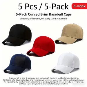 5-Pack Curved Brim Baseball Caps Solid Color Casual Hats for Men Women Teens Breathable Everyday Outdoor Sports Caps in Black Red Khaki Navy White