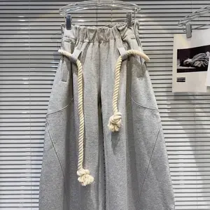 baggy sweatpants  2025 New Women Personalized Woven Hemp Rope Belt Loose Wide-leg Casual Pants Bloomers Womenswear Bottom Basic Grey Can be used with raincoat
