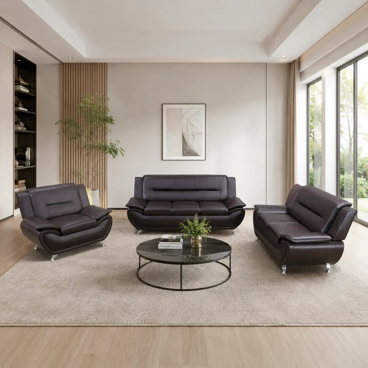 Leather Sofa Set for Living Room 3 Piece Living Room Furniture Set Modern Couch Set with 3-Seater Sofa, Loveseat and Armchair (Dark Brown)